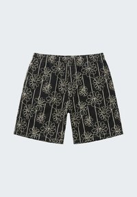 Shorts noirs avec motif floral brodé blanc comprenant de grandes marguerites et des tiges verticales, plis devant et ourlet droit.