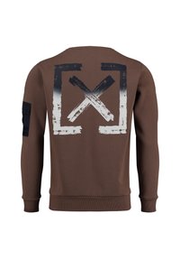 Sudadera marrón con un gran gráfico en la parte posterior que presenta una cruz y un rectángulo en blanco y negro. Puños y dobladillo acanalados. Bolsillo lateral en la manga.