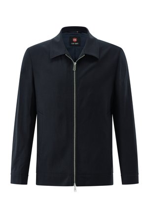 Marineblaue Herrenjacke mit durchgehendem silberfarbenem Reißverschluss vorn, zwei Seitentaschen, Kragen und langen Ärmeln.