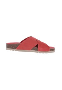 Sandalo a infradito rosso in suede con fascia incrociata, soletta in sughero e suola in gomma caratterizzata da un motivo di battistrada testurizzato.