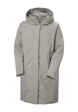 Impermeabile lungo grigio chiaro con cappuccio, cerniera frontale nascosta da patta e tasche laterali con zip, progettato per il clima freddo.