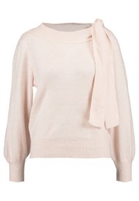 Helles rosa Sweatshirt aus weichem Material, mit weitem Halsausschnitt und einem gebundenen Schal-Detail auf der linken Schulter. Lange Ärmel und gerippten Saum.