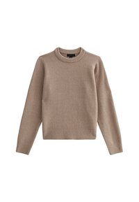 Beige Strickpullover mit rundem Ausschnitten, überschnittenen Schultern und geripptem Saum. Weiche Textur, mittleres Gewicht und ein einfaches, klassisches Design.