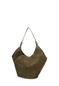 Groene suède hobo tas met een zachte textuur, gebogen vorm en een enkele riem aan de bovenkant bevestigd. Naaddetails op de randen.