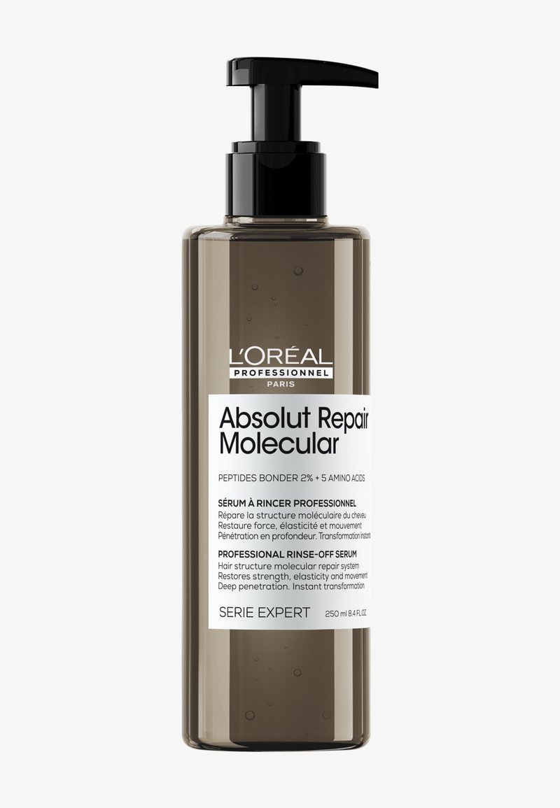 Profesjonalne serum do spłukiwania L'Oréal Absolut Repair Molecular w brązowej butelce z czarną pompką, 250 ml, do molekularnej regeneracji i wzmacniania włosów.