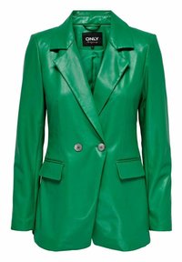 Blazer verde in ecopelle con silhouette strutturata, rever a punta, chiusura doppiopetto, e tasche a pattina. Texture liscia.