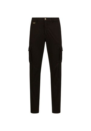 Pantaloni cargo neri realizzati in tessuto durevole, con tasche laterali, un design sagomato e un piccolo logo ricamato sulla cintura anteriore.