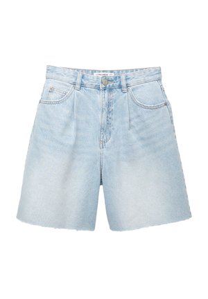 Light blue denim shorts with a high waist, frayed hem, five pockets, and a metal button closure. Features a classic straight-leg design.