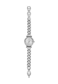 Montre en argent avec un cadran rond, des chiffres romains et un bracelet en maillons épais. Finitions métalliques brillantes sur l'ensemble.