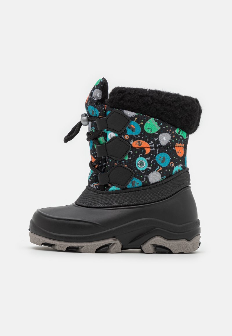 Botte d'hiver enfant avec semelle en caoutchouc noire, dessus à motif cartoon coloré, trois fermetures velcro noires, et doublure en polaire noire.