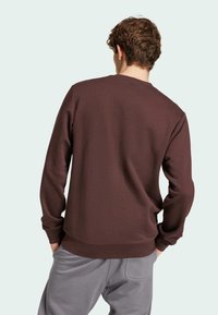 Mörkbrun sweatshirt med långa ärmar, rund halsringning och ribbade muddar. Materialet verkar mjukt med en slät textur och avslappnad passform.