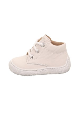 Weiße Leder-Ankle-Boots mit runder Zehenform, schnürbarem Design, silbernen Ösen und strukturiertem weißen Boden. Einfacher und minimalistisch gestalteter Stil.