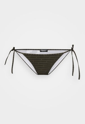 Bikini apakšda, kas izceļas ar brūnu un melnu logo rakstu, ar sasienamām auklām. Izgatavota no gludas, elastīgas auduma, tai ir zema vidukļa griezums.