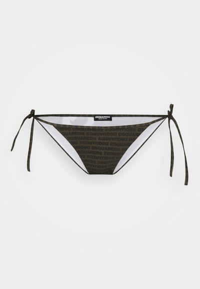 Bikini apakšda, kas izceļas ar brūnu un melnu logo rakstu, ar sasienamām auklām. Izgatavota no gludas, elastīgas auduma, tai ir zema vidukļa griezums.