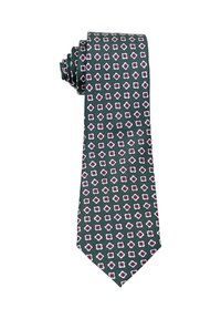 Zielony krawat z powtarzającym się wzorem czerwonych i białych kształtów kwiatowych, wykonany z gładkiego materiału z ostrym końcem.