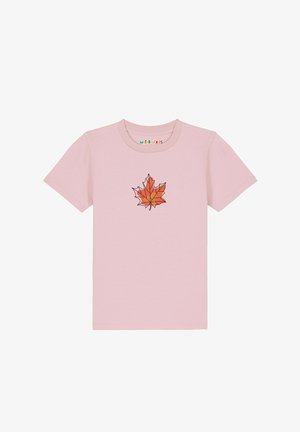 Lichtroze kinder-T-shirt met centraal een oranje-rood esdoornbladmotief en korte mouwen.