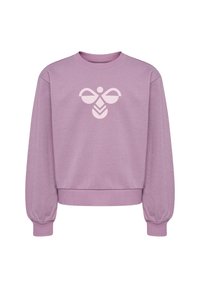 Paarse hoodie met een lichtglanzende textuur, voorzien van een groot wit grafisch ontwerp op de voorkant. Inclusief geribde manchetten en zoom.