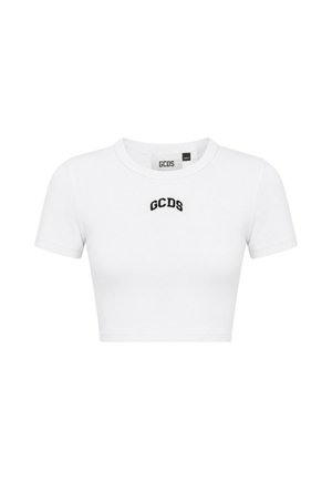 T-shirt bianca corta a maniche corte con logo nero "GCDS" stampato sul petto e scollo rotondo.