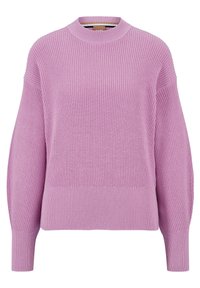 Lilek pletený svetr s vysokým límcem, spadenými rameny a žebrovanými manžetami a lemem. Má texturovaný vzor po celém materiálu.