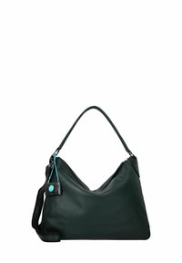 Borsa a tracolla in pelle verde con una silhouette morbida, chiusura a zip e un manico singolo. Presenta un accento turchese e una finitura testurizzata.