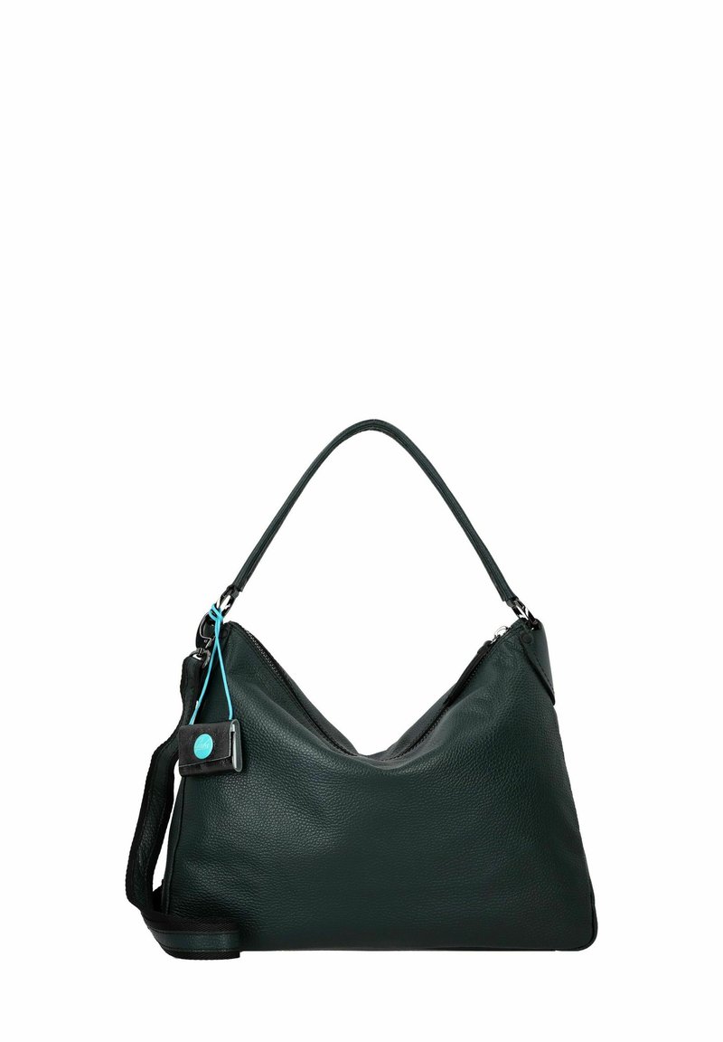 Borsa a tracolla in pelle verde con una silhouette morbida, chiusura a zip e un manico singolo. Presenta un accento turchese e una finitura testurizzata.
