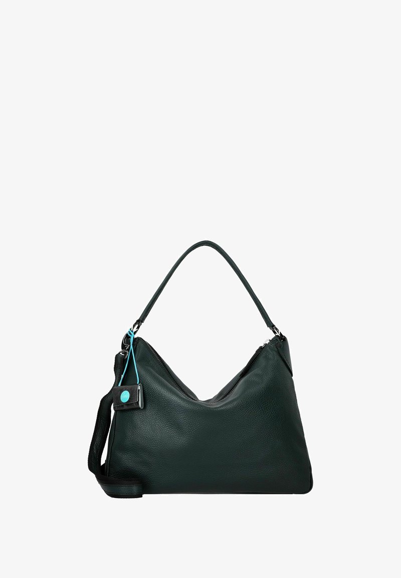 Borsa a tracolla in pelle verde con una silhouette morbida, chiusura a zip e un manico singolo. Presenta un accento turchese e una finitura testurizzata.