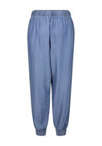 Pantalones de mezclilla azul claro con cintura elástica, puños ajustados y acentos texturizados en el dobladillo. Ajuste casual y relajado.