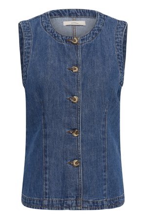 Niebieska bezrękawnikowa kamizelka jeansowa z okrągłym dekoltem, pięcioma guzikami z przodu i pionowymi szwami.