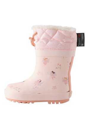 Pink børne vandtæt støvle med fe- og blomstermønstre, quiltet manchet med snøre og blødt hvidt for indvendigt.