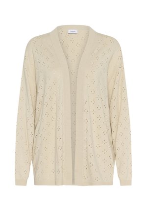 Cárdigan de punto en beige claro, con un corte holgado, frente abierto y un patrón perforado decorativo. Mangas largas con puños de canalé.