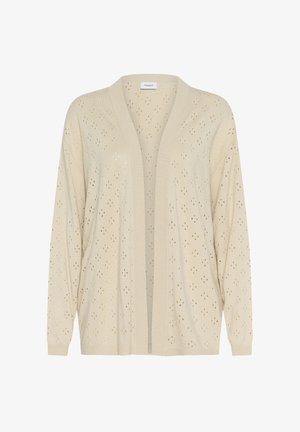 Adīts kardigans gaiši bēšā krāsā ar vaļēju siluetu, atvērtu priekšpusi un dekoratīvu perforētu rakstu. Garas piedurknes ar ribas aprocēm.