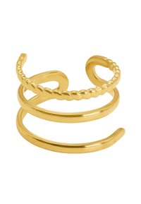 Anello in metallo color oro con tre bande intrecciate; una ha un design attorcigliato e le altre sono lisce. Stile aperto.