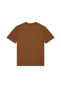 Braunes kurzärmliges T-Shirt, von hinten betrachtet, mit einem schlichten Design und ohne sichtbare Logos oder Grafiken.