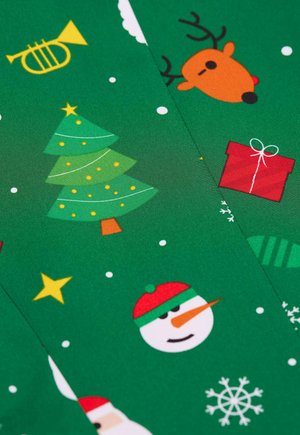 Green fabric featuring festive icons: Christmas tree, reindeer, snowman, gifts, snowflakes, and stars, in yellow, red, and white colors.