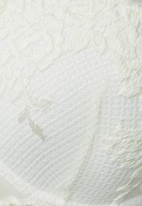 Bílá krajková podprsenka s texturovaným materiálem, zdobená květinovými výšivkami na hladkém síťovaném materiálu. Bezešvý design a jemně měkký povrch.