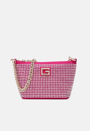 Pink handbag with silver rhinestones, gold chain strap, zip closure, and a gold logo plaque on the front. Compact and structured design.