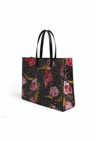Borsa tote nera con motivo floreale che presenta fiori rosa e rossi e steli verdi. Materiale liscio, forma rettangolare e doppio manico nero.