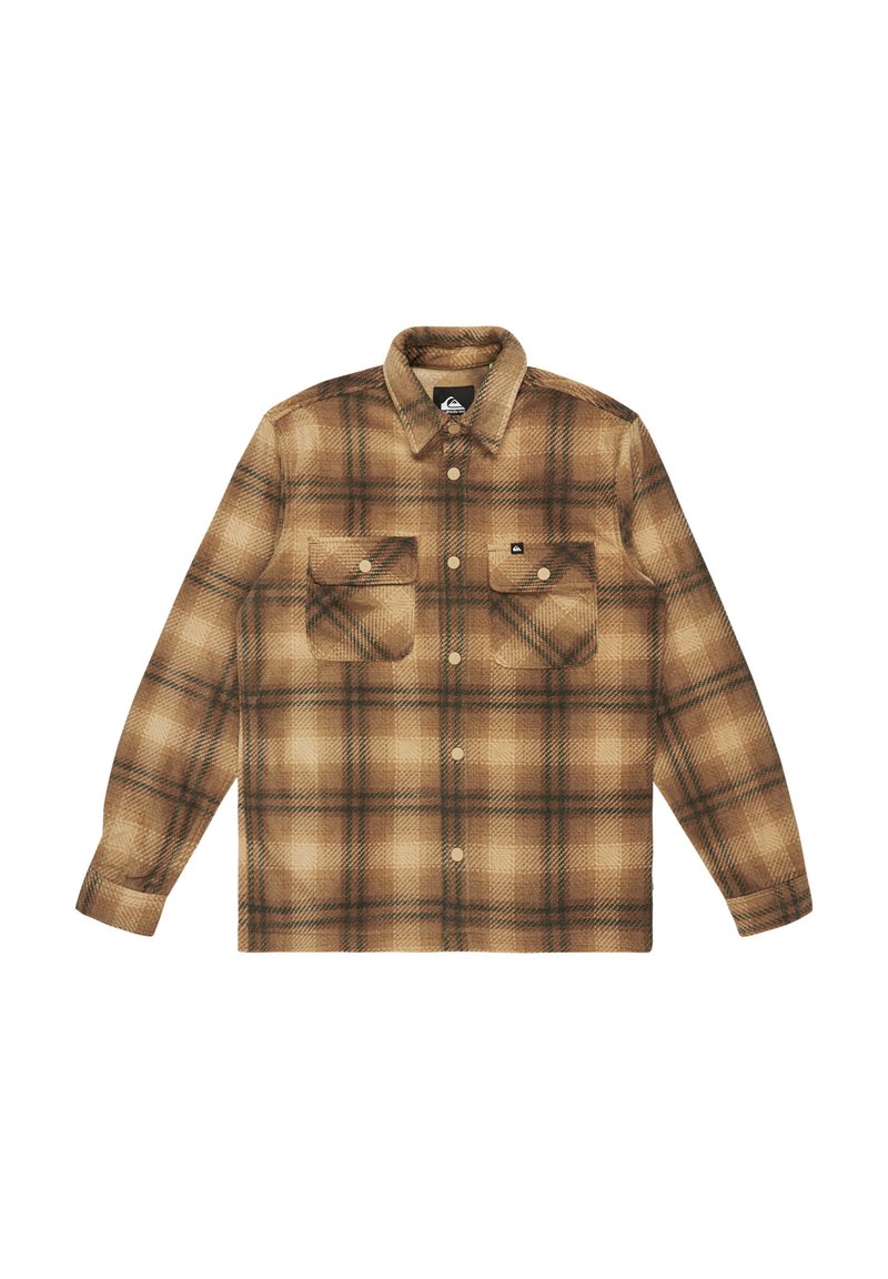 Brunternetternede flannel skjorte med to brystlommer, knaplukninger og krave. Har kontrasterende nuancer af beige og mørkebrun.