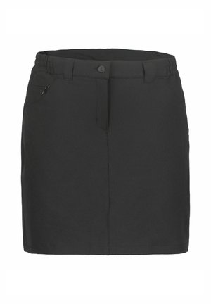 Sort knælængde nederdel med knap- og lynlåslukning, bæltestropper og lynlåslomme foran på hvid baggrund.