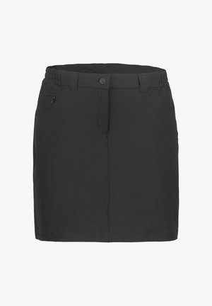 Zwarte knielange rok met knoop- en ritssluiting, riemlussen en een ritssluitingzak aan de voorkant op een witte achtergrond.