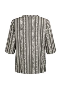 Blusa a maniche corte stampata in verde oliva e bianco, con design geometrici e vestibilità rilassata. Tessuto morbido con una texture liscia.