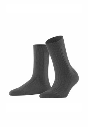 Gray knitted socks with ribbed tops, featuring a textured design, reinforced toe, and arch support for comfort and fit.
