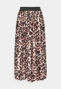 Gonna maxi plissettata con motivo leopardato, dotata di una fascia elastica nera in vita, realizzata in tessuto leggero con una superficie liscia.