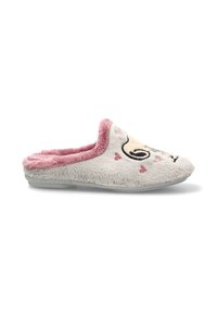 Zapatilla de casa de color gris claro y peludo, con ribete interior rosa, bordado de cara de perro y pequeñas decoraciones en forma de corazón rosa en el lateral.