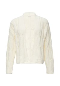 Weißer Strickcardigan mit Kabelmuster, offenem Vorderteil und gerippten Bündchen sowie Saum. Sanfte Textur mit lockerer Passform.