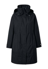 Schwarzer langer Regenmantel mit Kapuze, vorderer Reißverschluss mit Blende, verstellbaren Kapuzenkordeln und geknöpften Ärmelbündchen.