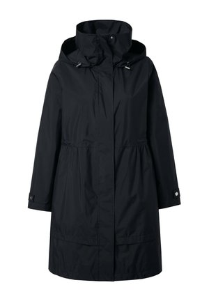 Zwarte lange regenjas met capuchon, ritssluiting aan de voorkant bedekt door een klep, verstelbare koorden aan de capuchon en met knopen sluitbare manchetten.