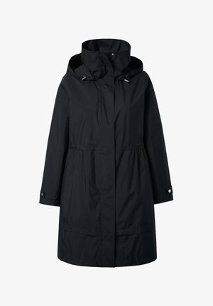 Czarny długi płaszcz przeciwdeszczowy z kapturem, z przodu zamek błyskawiczny przykryty listwą, regulowane sznurki kaptura oraz mankiety zapinane na guziki.