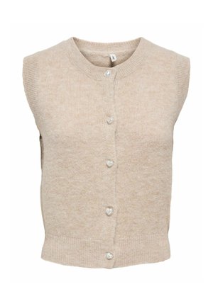 Beige ærmeløs strikket vest med rund halsudskæring og frontknaplukning med små hjerteformede knapper.