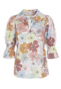 Blusa floreale con sfondo chiaro, dotata di maniche a sbuffo e colletto arricciato. I colori includono rosa pastello, verde, arancione e blu.